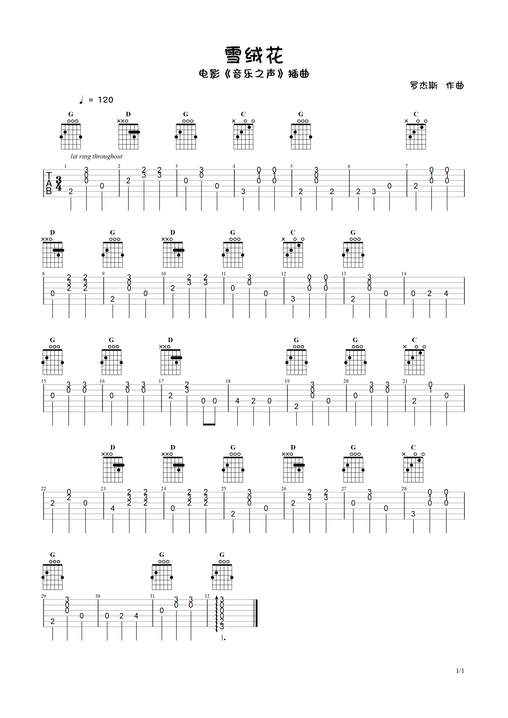 吉他谱乐谱 雪绒花（电影《音乐之声》插曲 奥地利经典民歌改编）