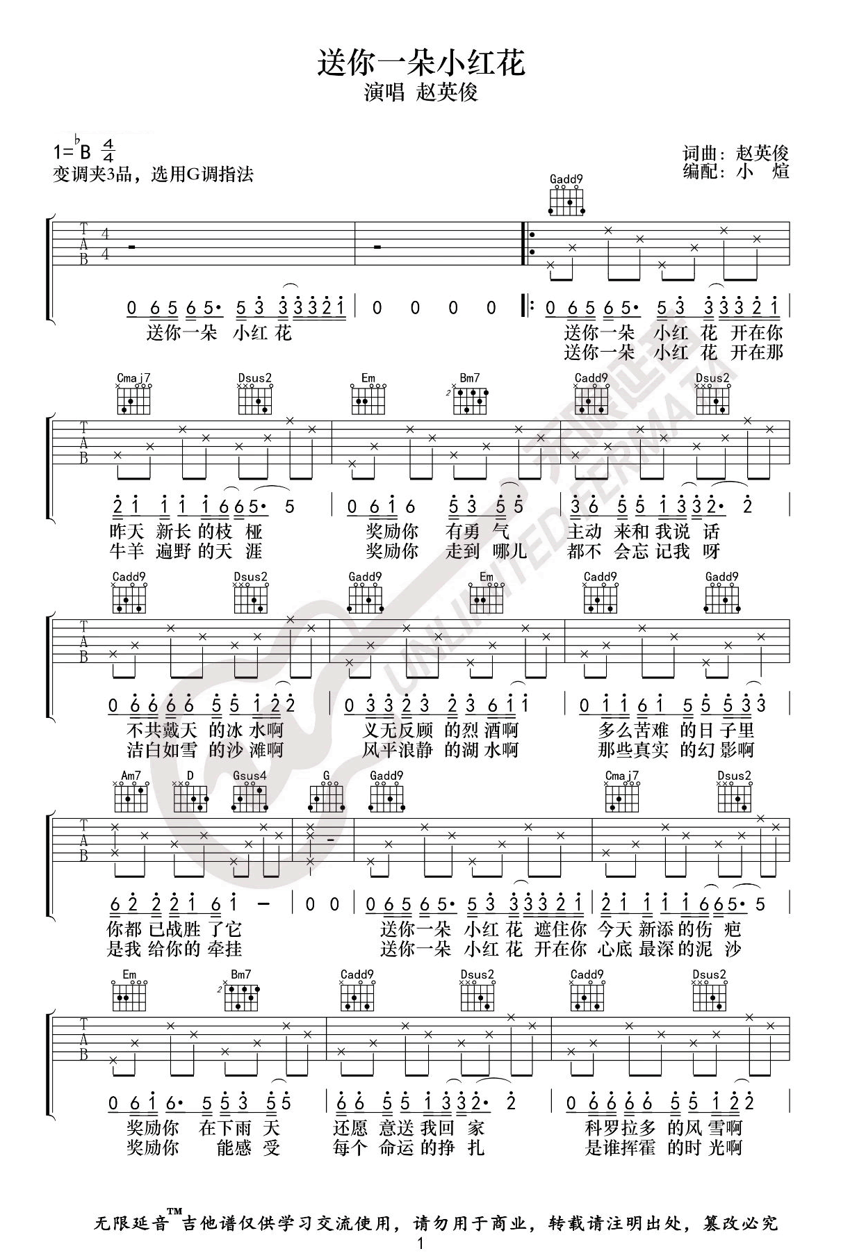 吉他谱乐谱 送你一朵小红花（赵英俊演唱 G调指法编配）