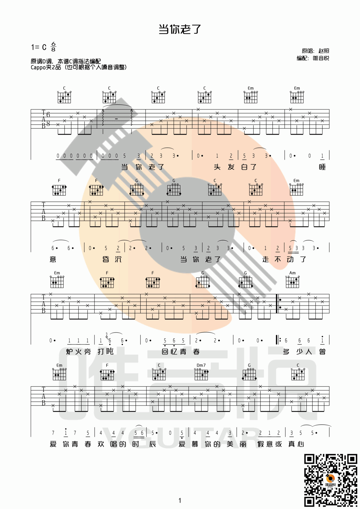 吉他谱乐谱 当你老了（D调完整版 赵照演唱）