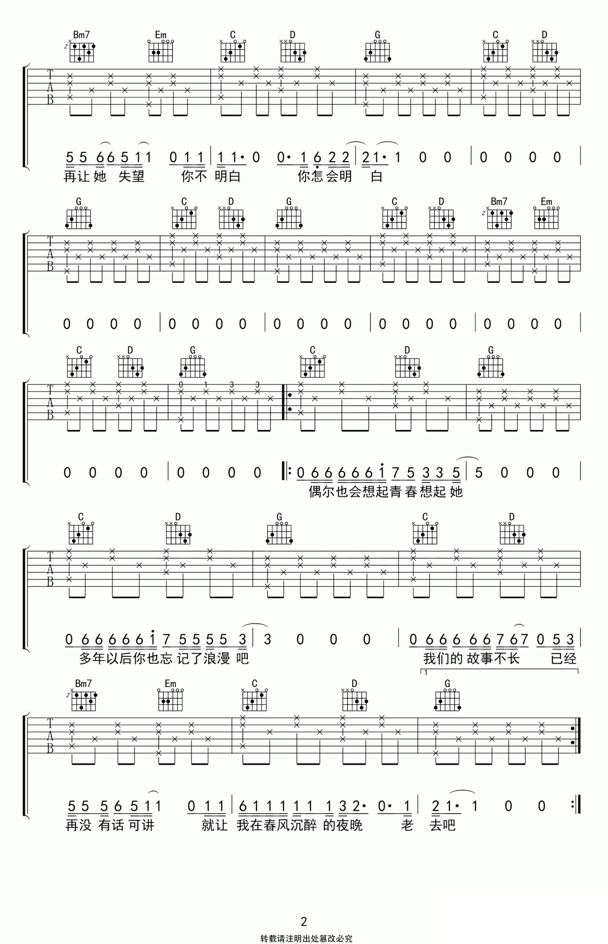 吉他谱乐谱 就让我在春风沉醉的夜晚老去（野夫子演唱 G调指法编配）