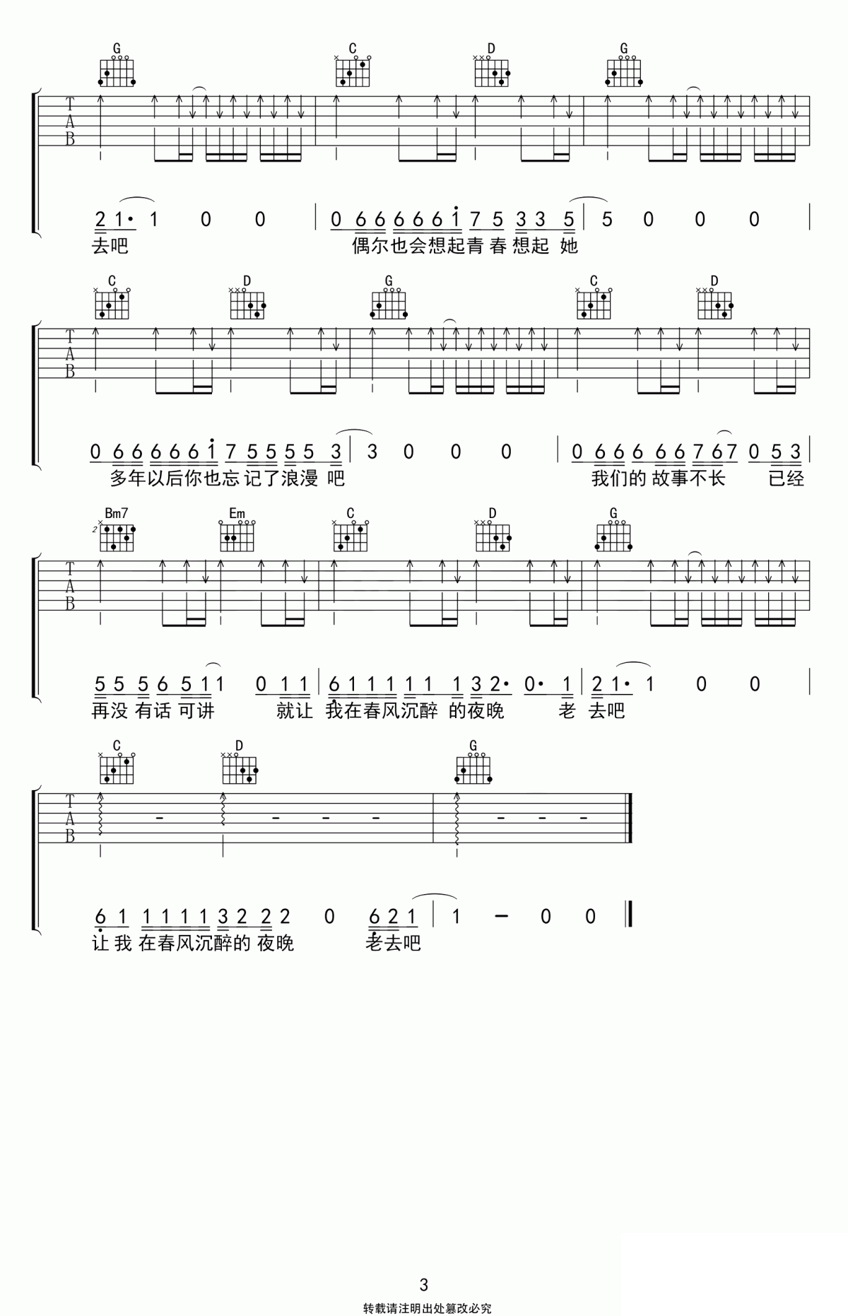 吉他谱乐谱 就让我在春风沉醉的夜晚老去（野夫子演唱 G调指法编配）