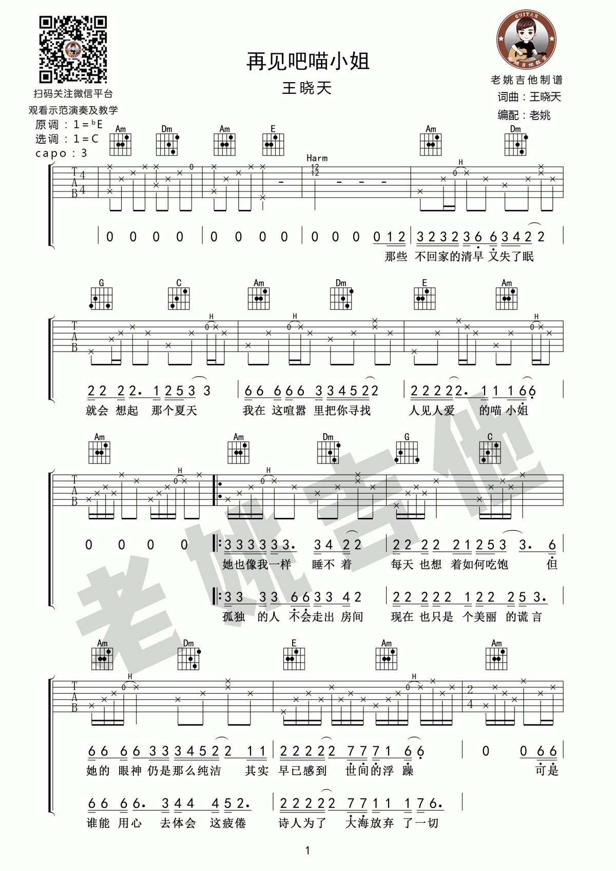 吉他谱乐谱 再见吧喵小姐（王晓天演唱 C调编配 民谣）