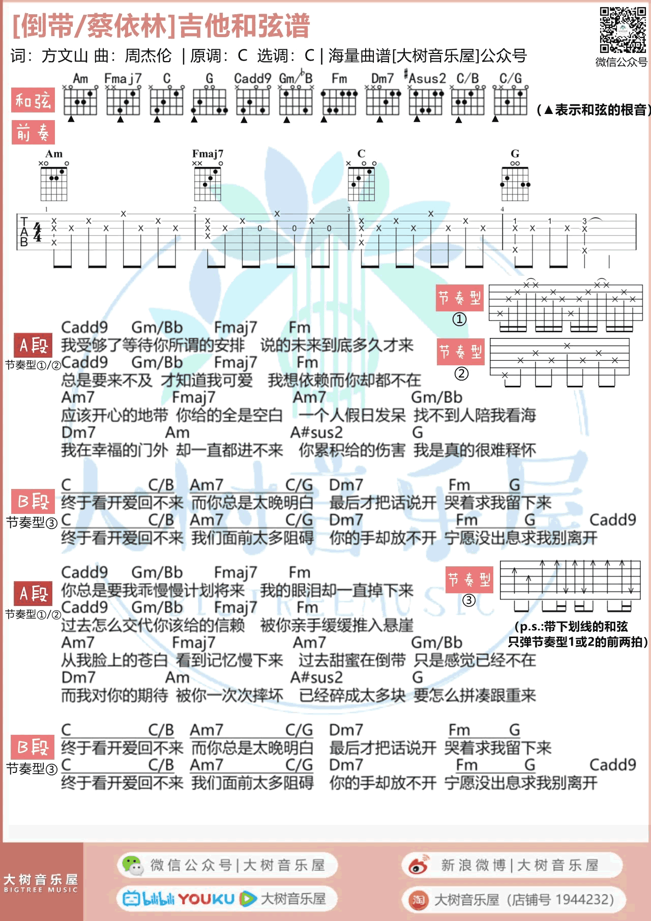 吉他谱乐谱 倒带（周杰伦/蔡依林演唱 C调弹唱谱）