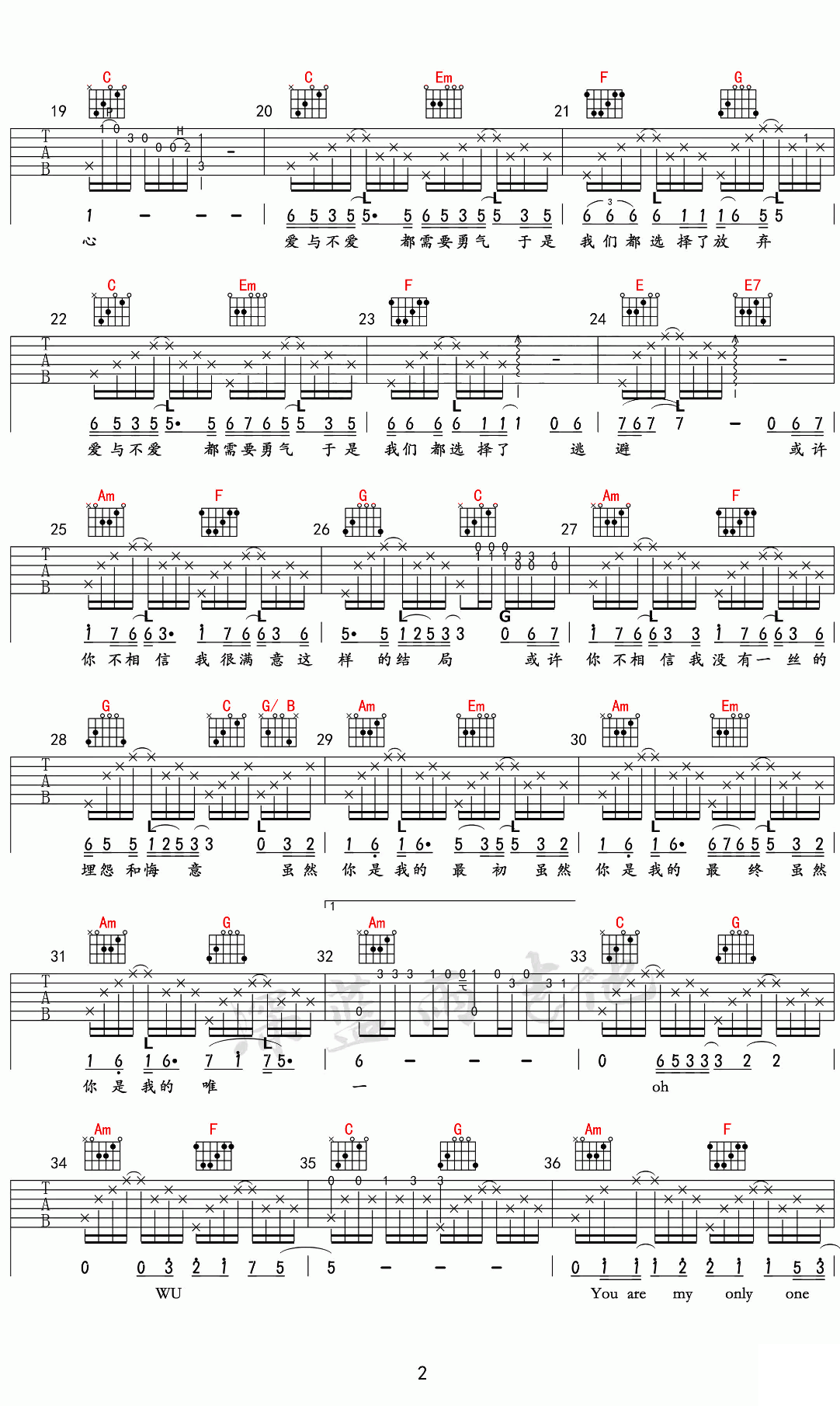 吉他谱乐谱 你是我的唯一（林俊杰改编演唱 C调指法编配）