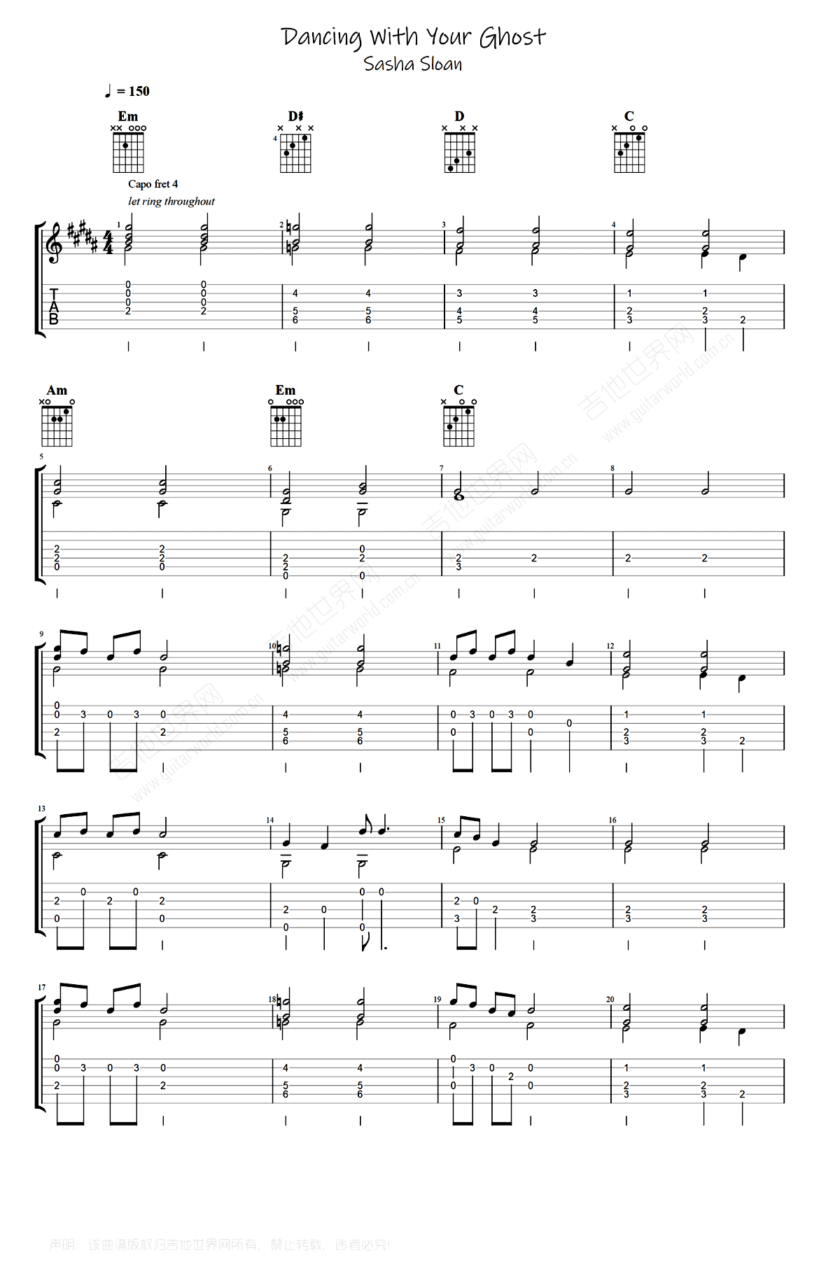 吉他谱乐谱 Dancing with you ghost（萨拉·斯隆演唱 热门英文歌曲）