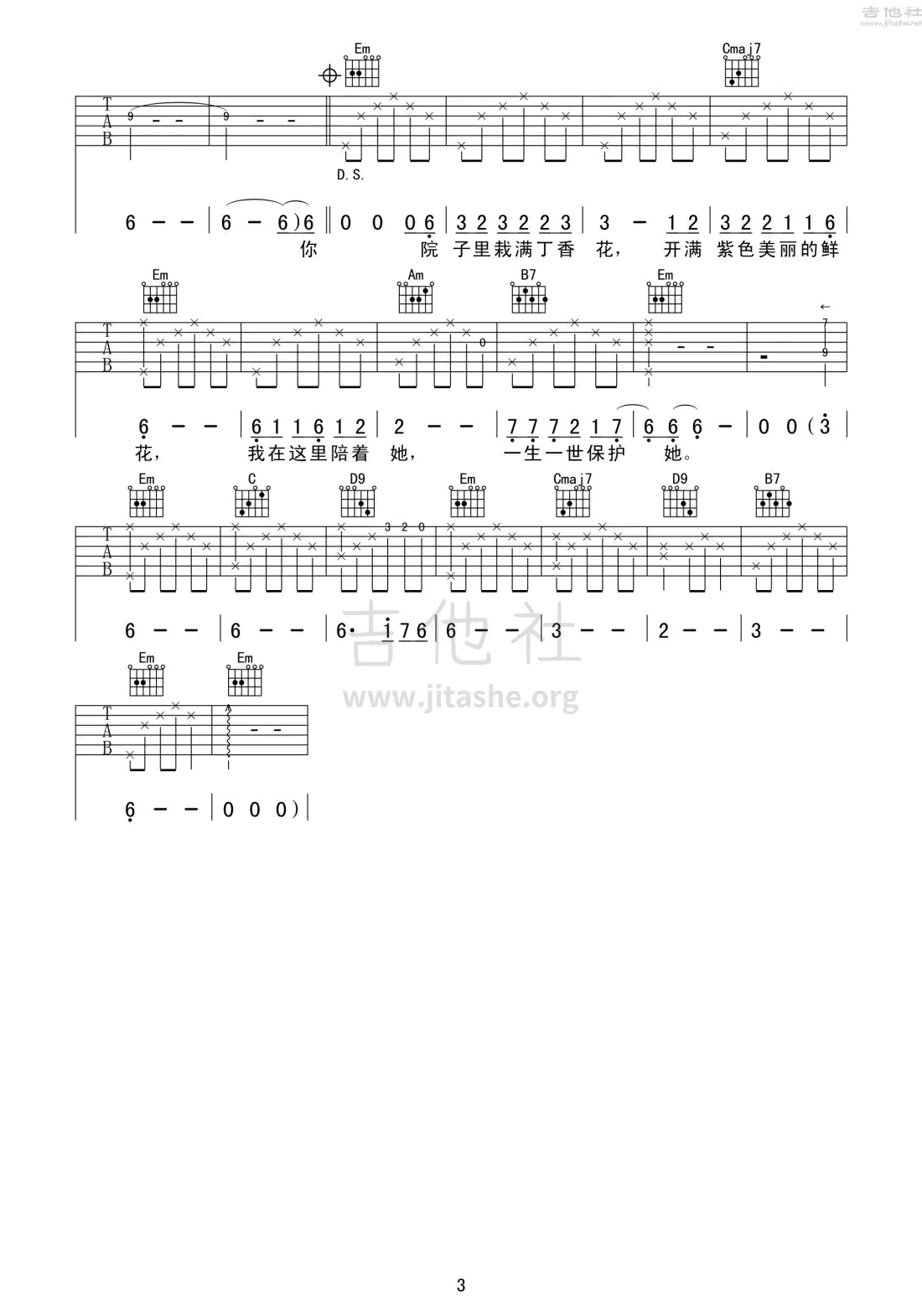 吉他谱乐谱 丁香花（唐磊演唱 G调编配 民谣歌曲）