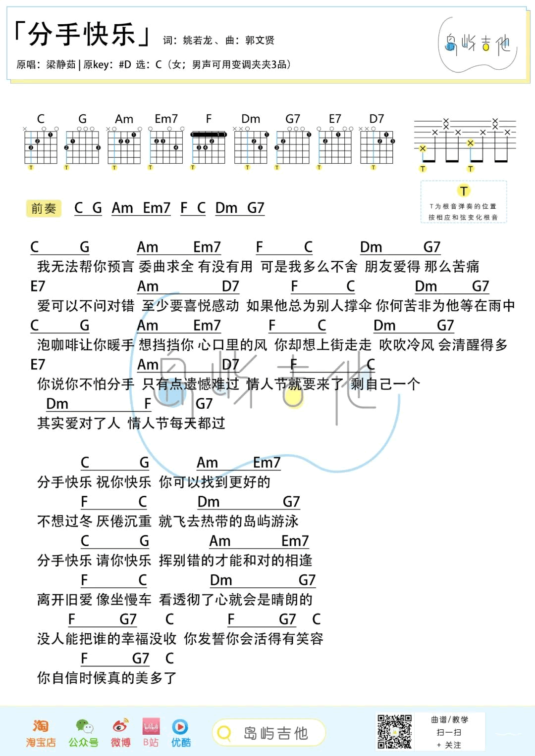 吉他谱乐谱 分手快乐(梁静茹演唱 C调弹唱六线谱)