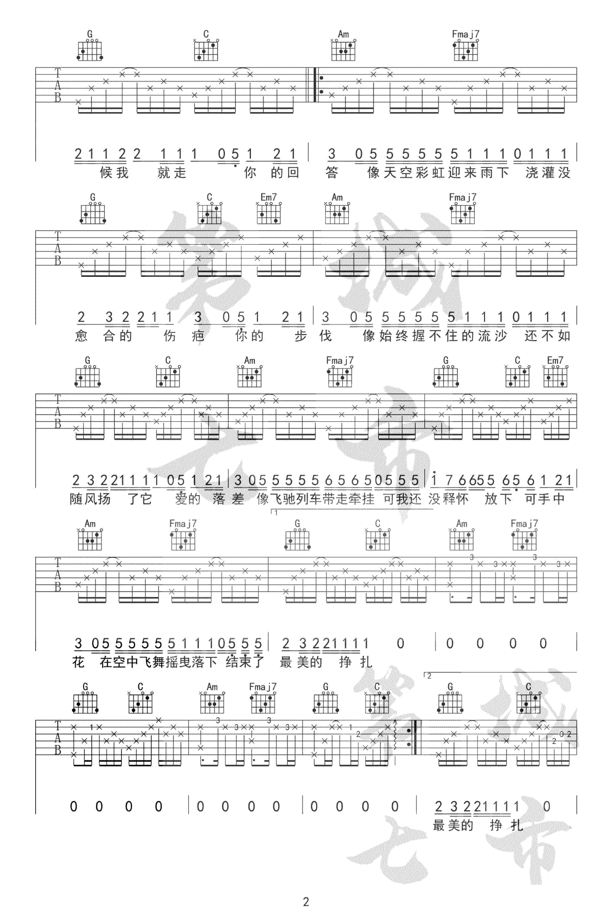 吉他谱乐谱 落差（IN-K王忻辰演唱 C调六线谱）