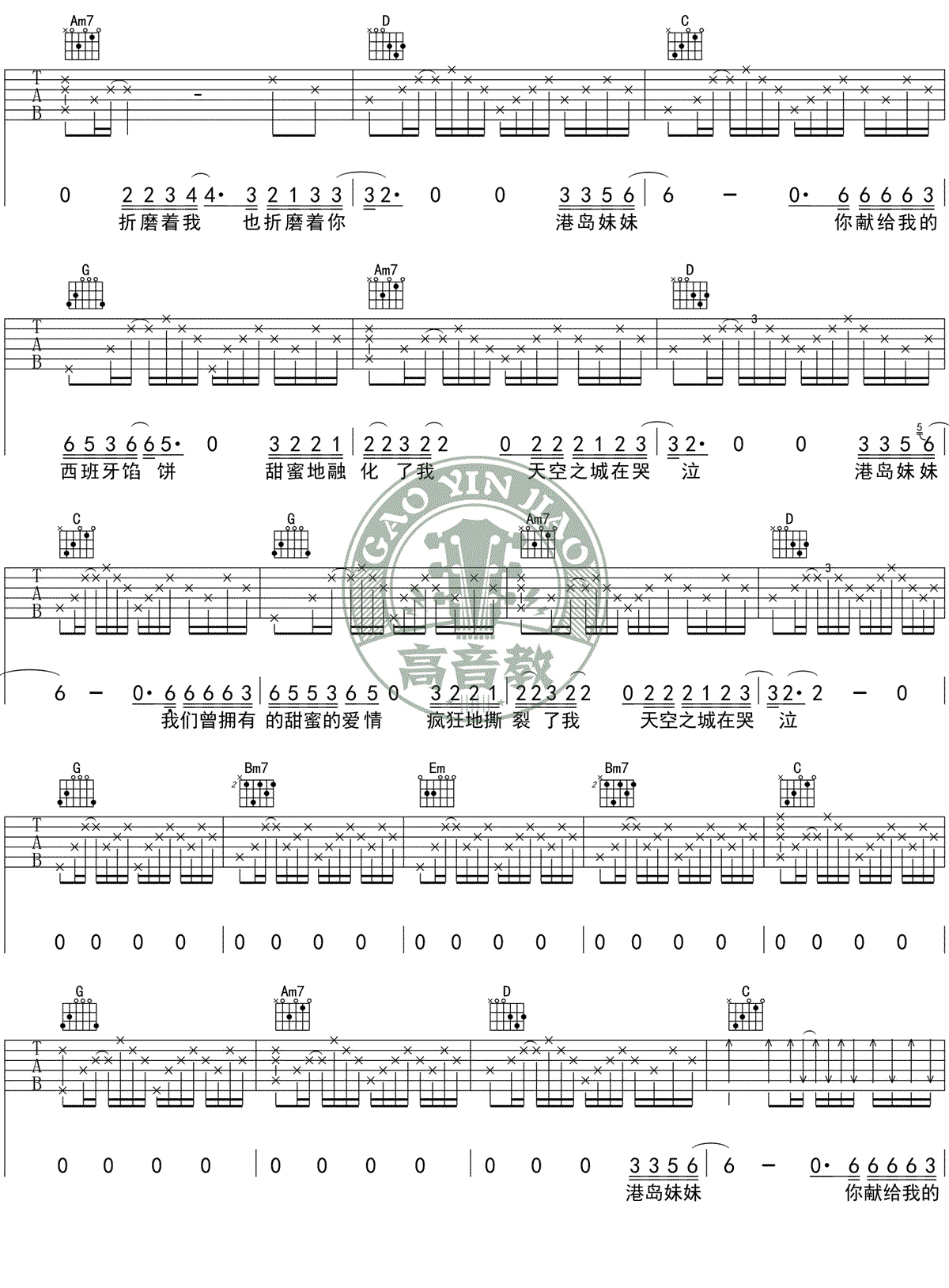 吉他谱乐谱 天空之城（李志演唱 G调指法编配 高音教版）