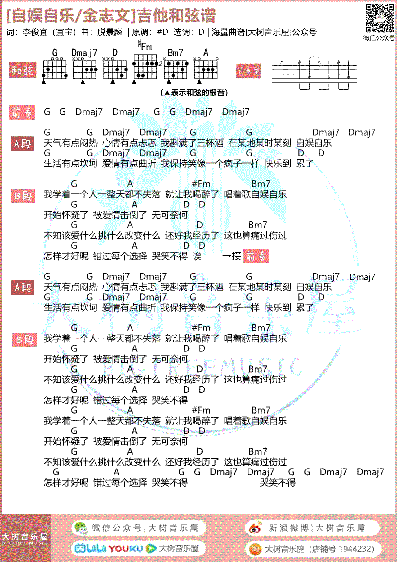 吉他谱乐谱 自娱自乐（金志文演唱 D调指法和弦弹唱谱）