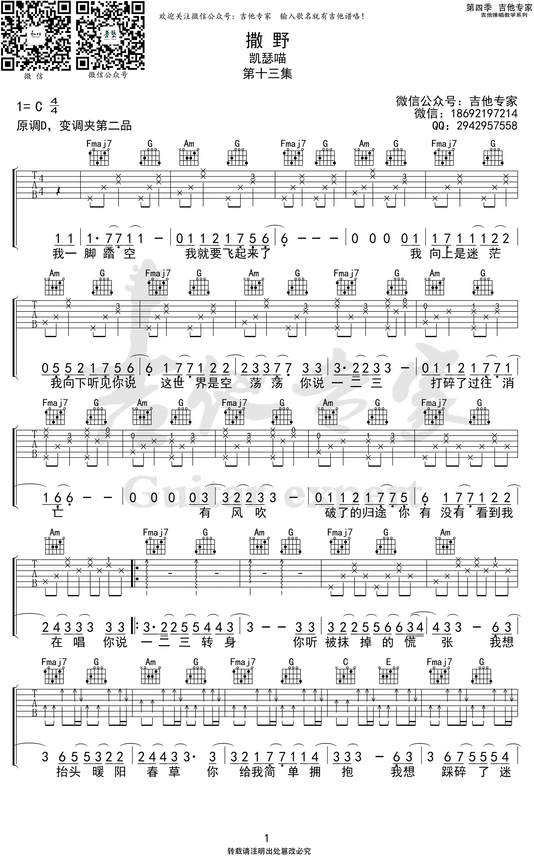 吉他谱乐谱 撒野（凯瑟喵演唱 小说《撒野》主题曲 C调弹唱谱）