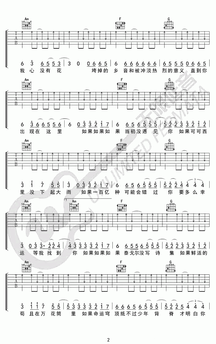 吉他谱乐谱 热铁皮房顶的夏天（王赫野演唱 C调和弦编配）