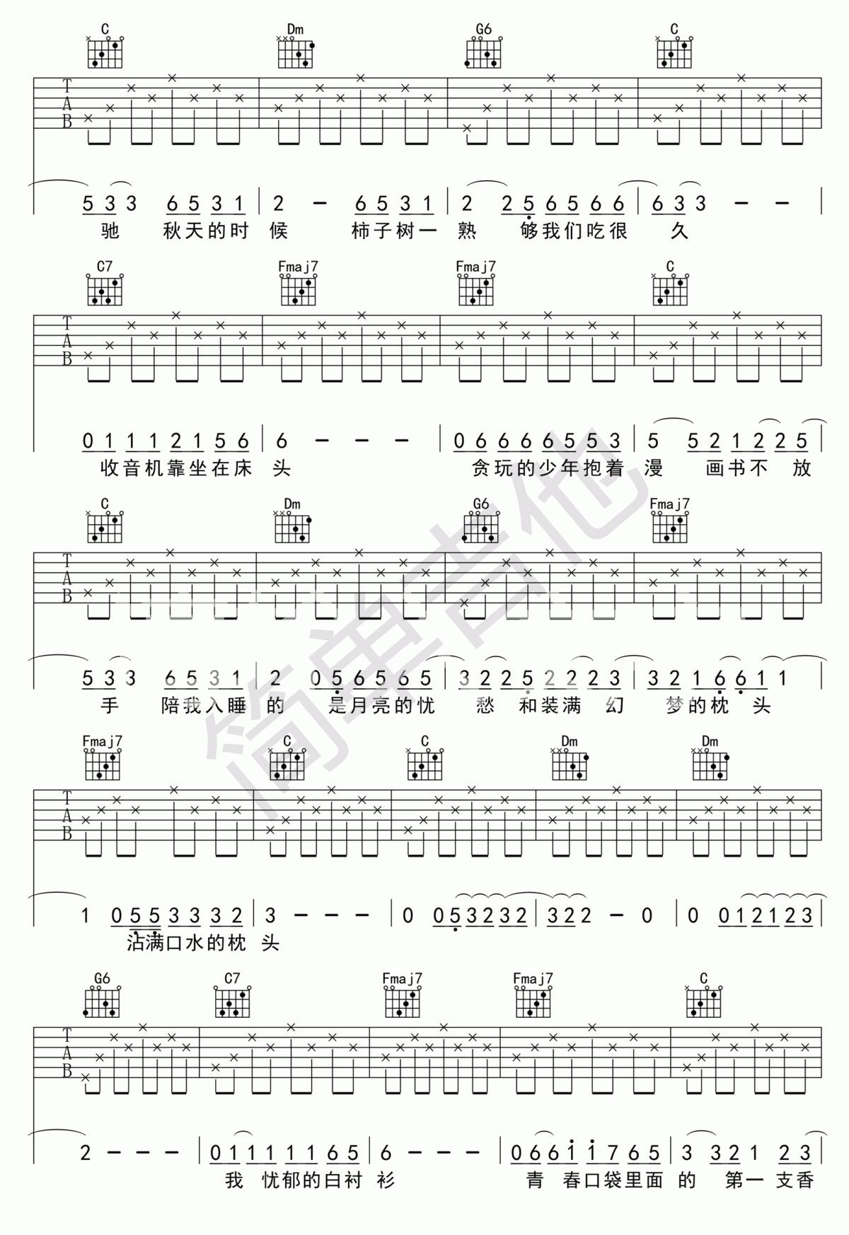 吉他谱乐谱 少年锦时（赵雷演唱 C调指法编配）
