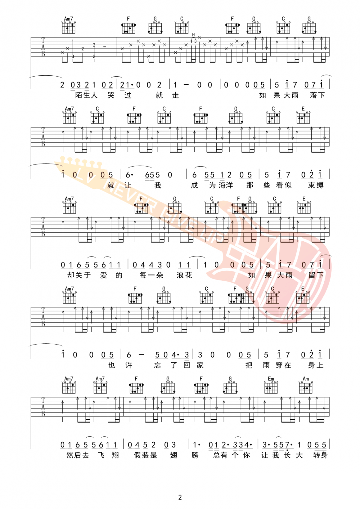 吉他谱乐谱 雨（沈以诚演唱 电视剧《以家人之名》插曲）