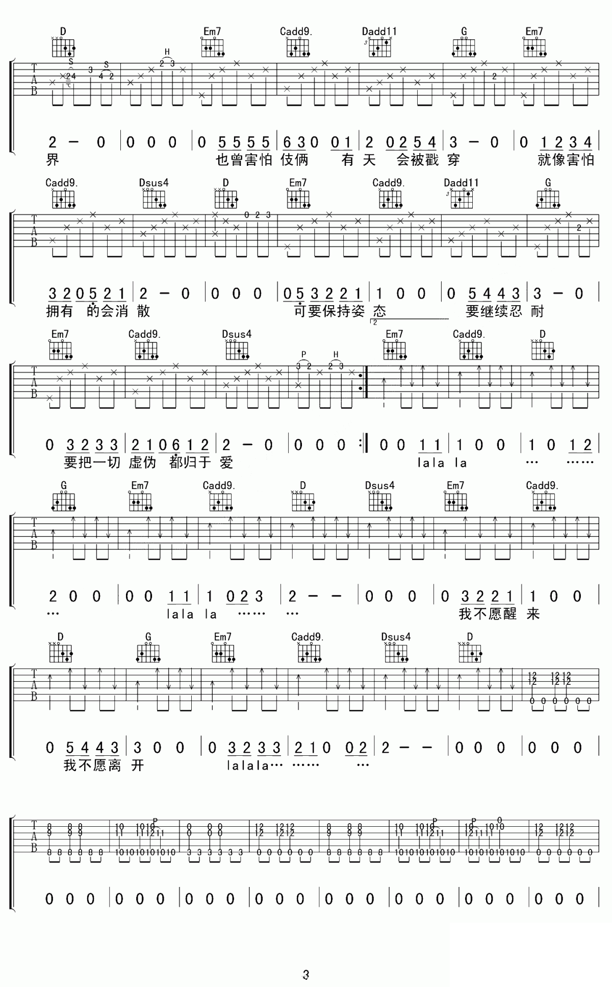 吉他谱乐谱 颠倒梦想（梁博演唱 G调和弦编配）