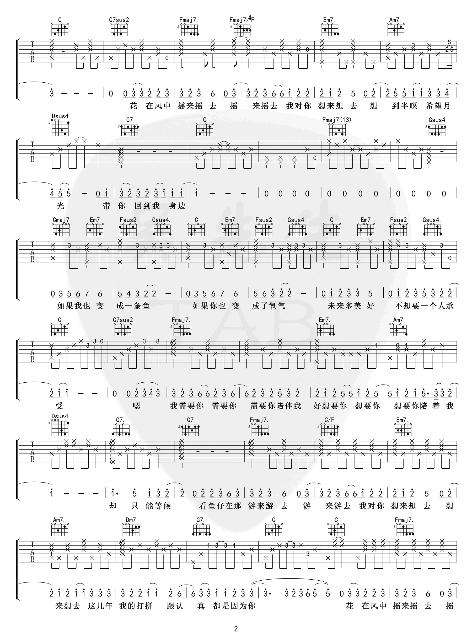 吉他谱乐谱 鱼仔（卢广仲演唱 C调弹唱谱 《花甲男孩转大人》主题曲）