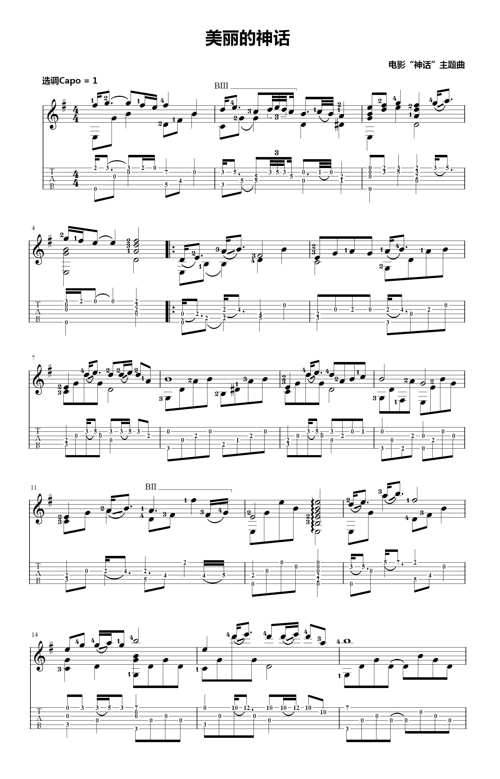 吉他谱乐谱 美丽的神话（韩红/孙楠演唱 电影《神话》主题曲）