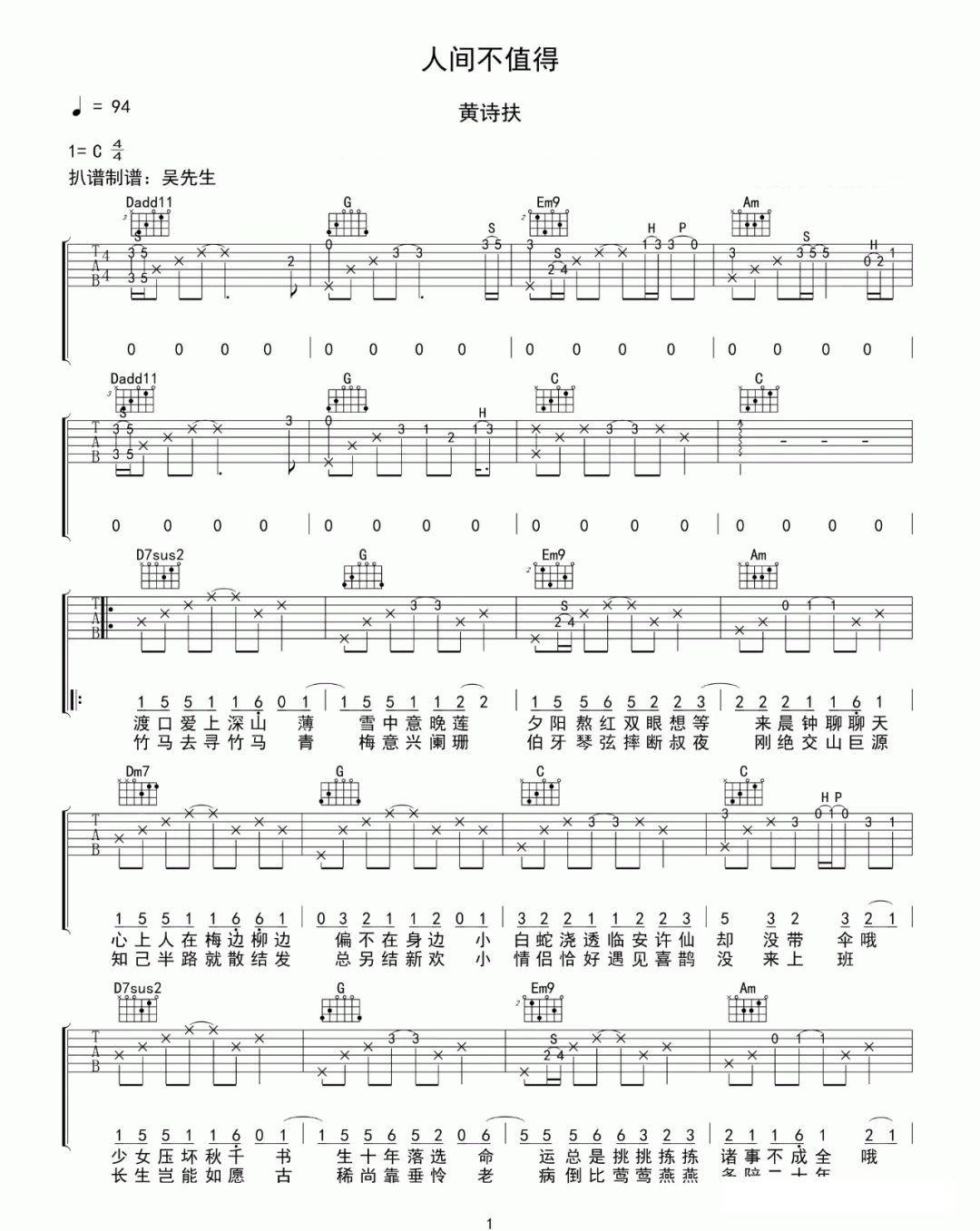 吉他谱乐谱 人间不值得（C调指法编配 黄诗扶演唱）