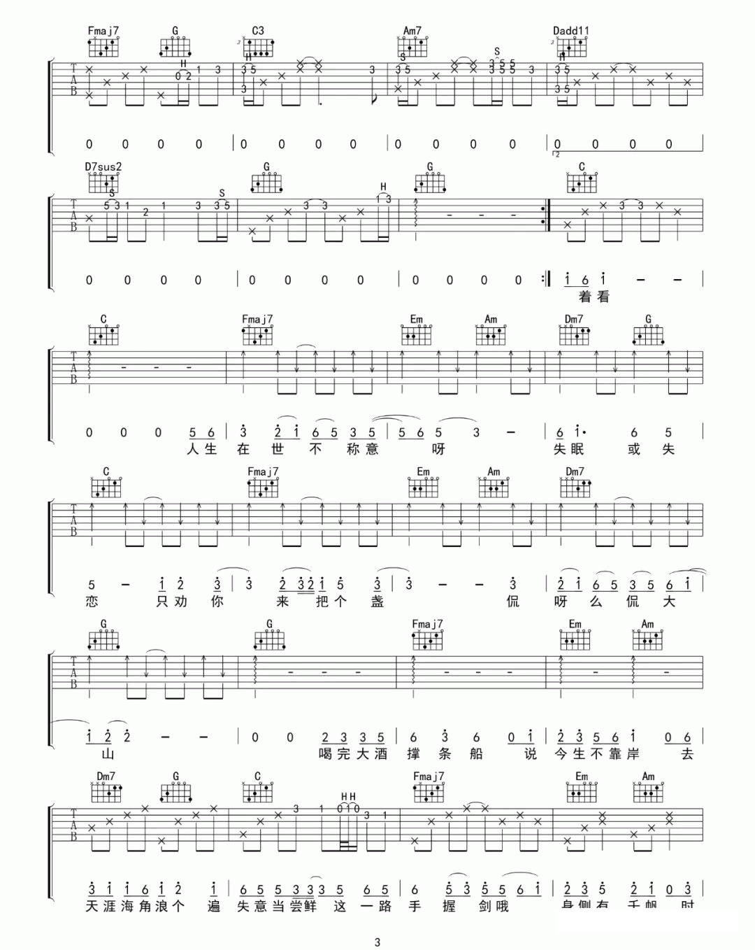 吉他谱乐谱 人间不值得（C调指法编配 黄诗扶演唱）