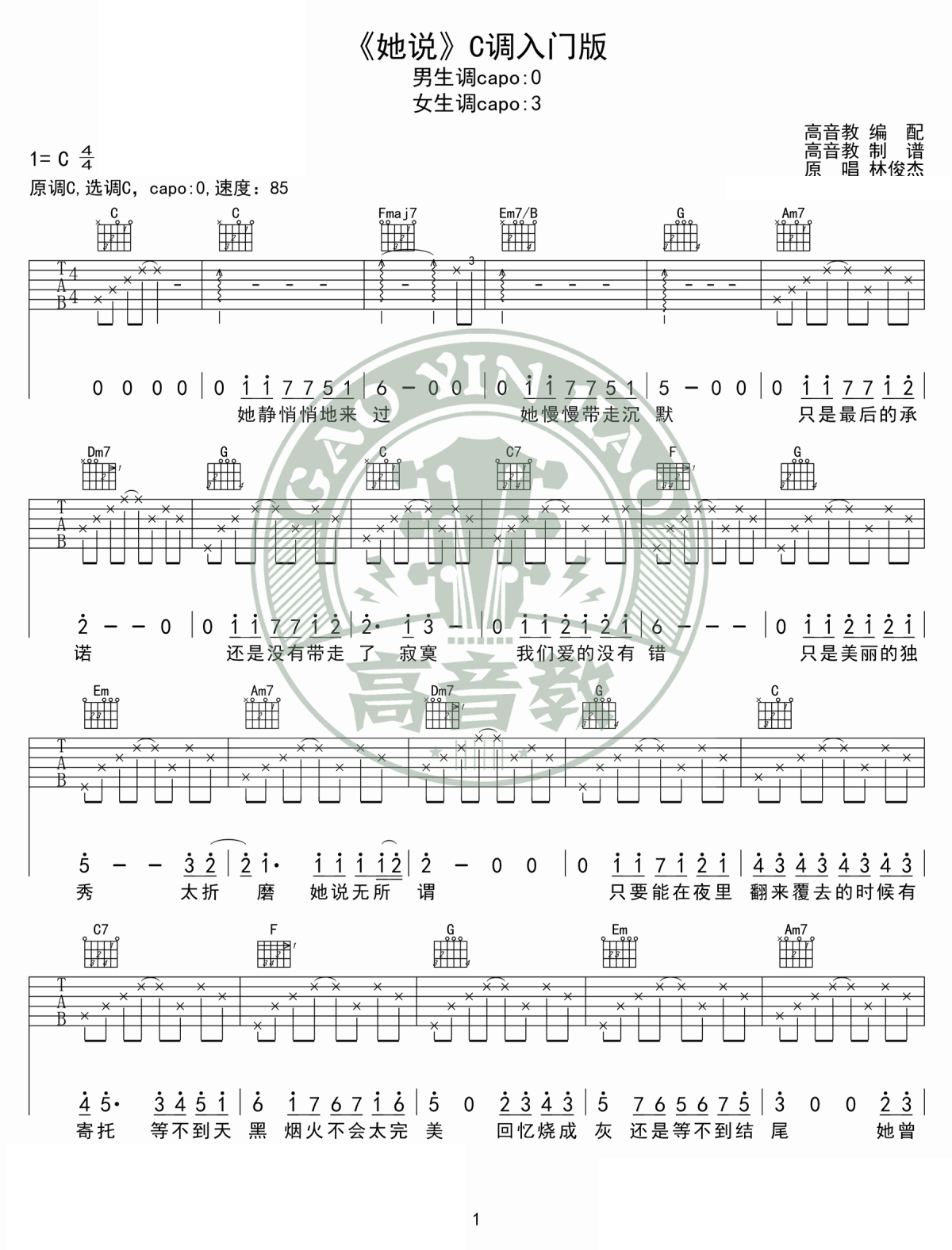 吉他谱乐谱 她说（林俊杰演唱 C调指法编配 高音教版）