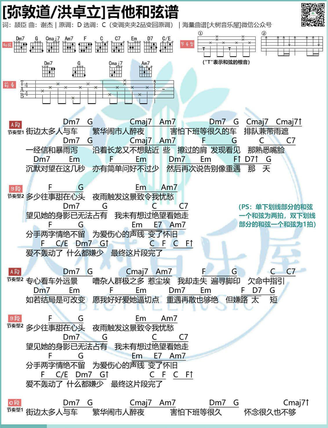 吉他谱乐谱 弥敦道（洪卓立演唱 C调和弦编配）