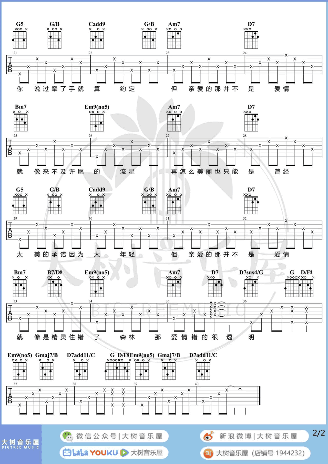 吉他谱乐谱 亲爱的那不是爱情（张韶涵演唱 G调弹唱谱）
