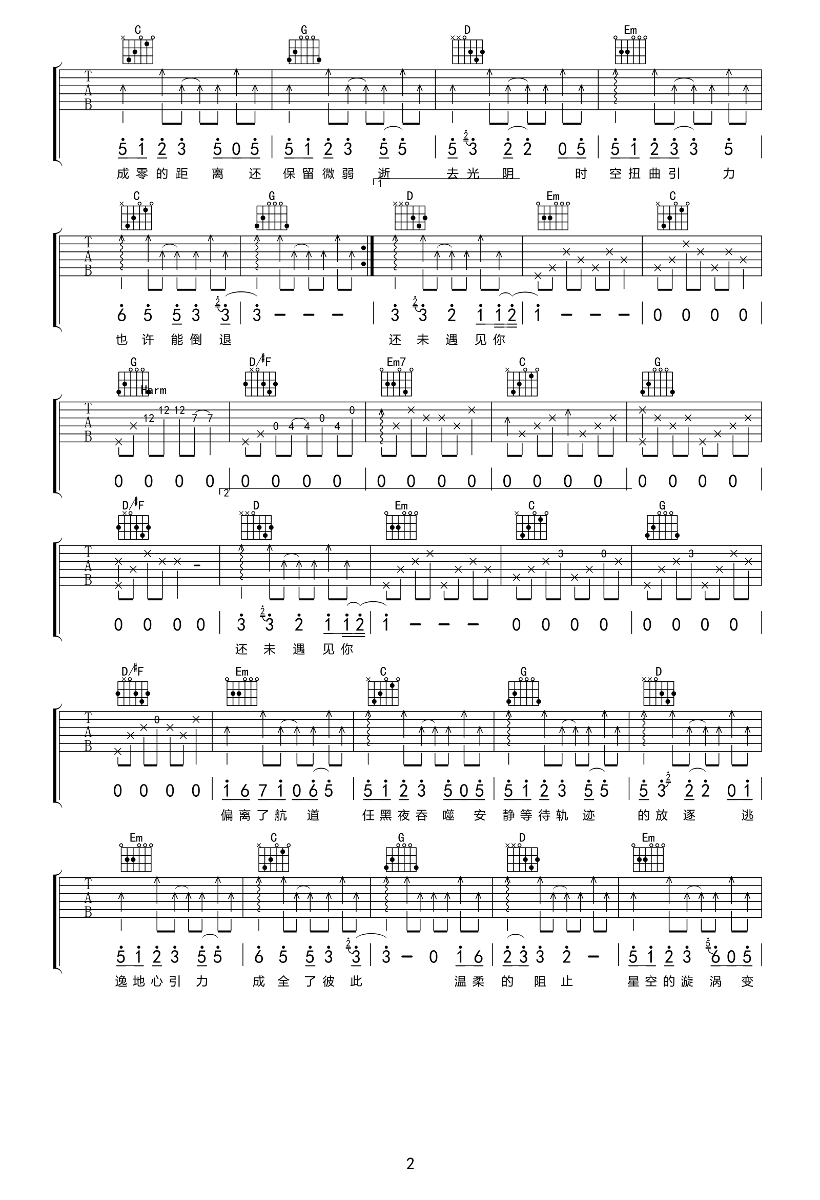 吉他谱乐谱 坠落星空（小星星Aurora演唱 G调弹唱六线谱）