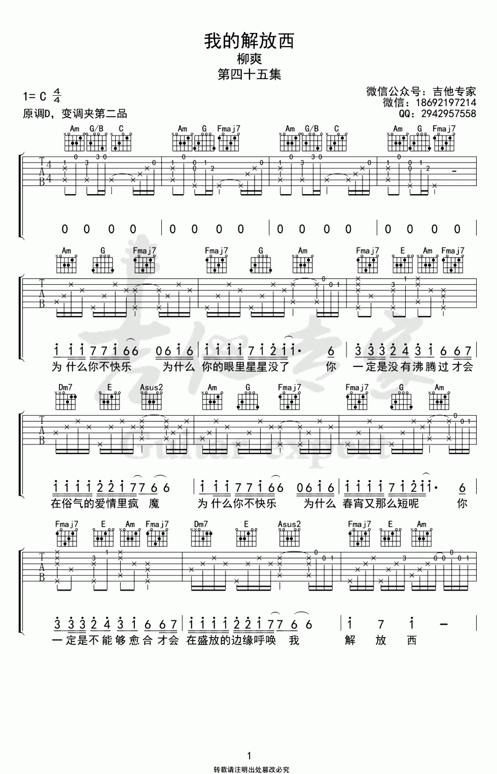吉他谱乐谱 我的解放西（柳爽演唱 C调和弦编配）