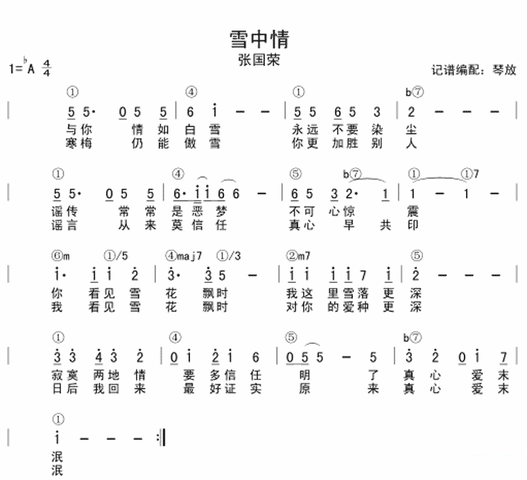 吉他谱乐谱 张国荣《雪中情》