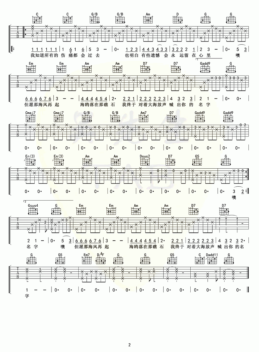 吉他谱乐谱 海鸥（逃跑计划演唱 G调指法编配）