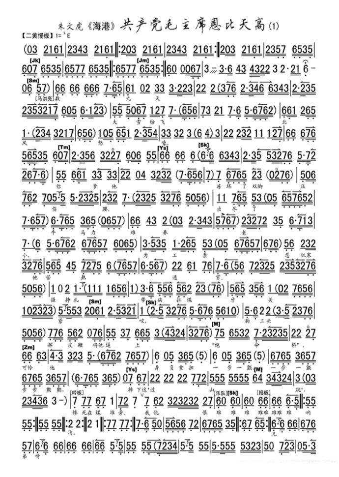 京剧戏曲谱 共产党毛主席恩比天高（《海港》马洪亮唱段、京胡伴奏谱）