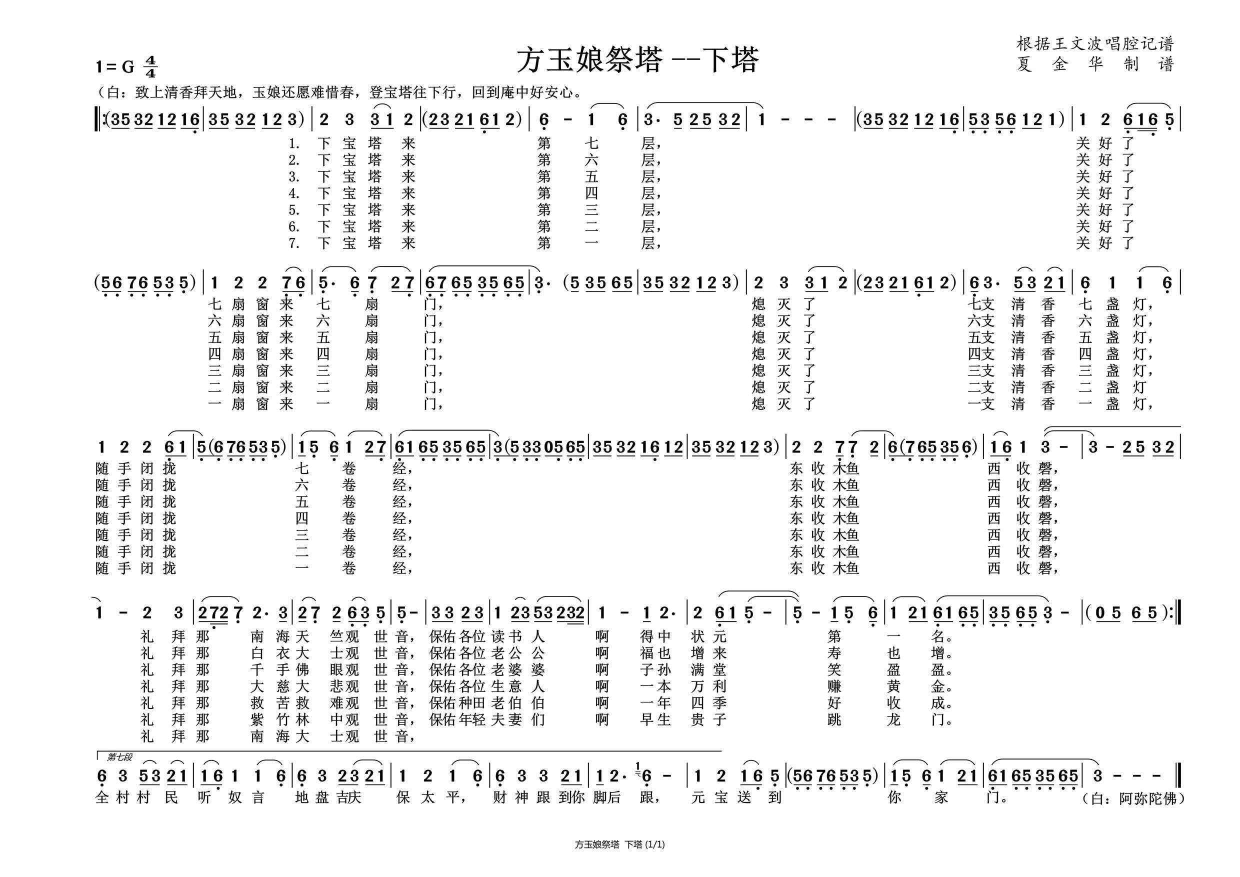 越剧戏曲谱 下塔（方玉娘祭塔）