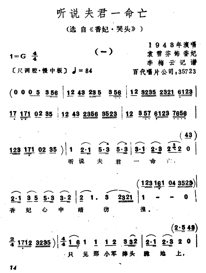 越剧戏曲谱 选自《香妃·哭头》：听说夫君一命亡