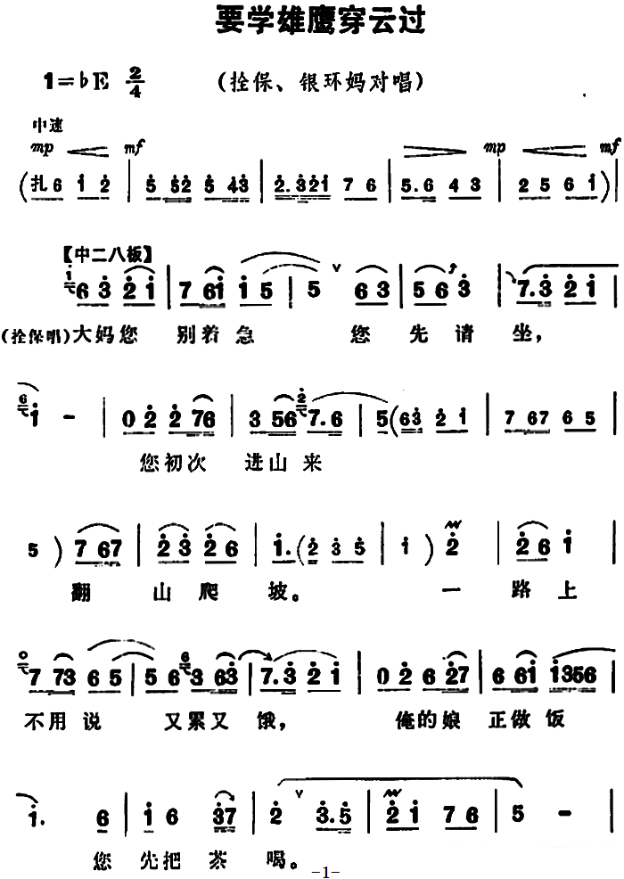 豫剧戏曲谱 《朝阳沟》拴保、银环妈对唱：要学雄鹰穿云过